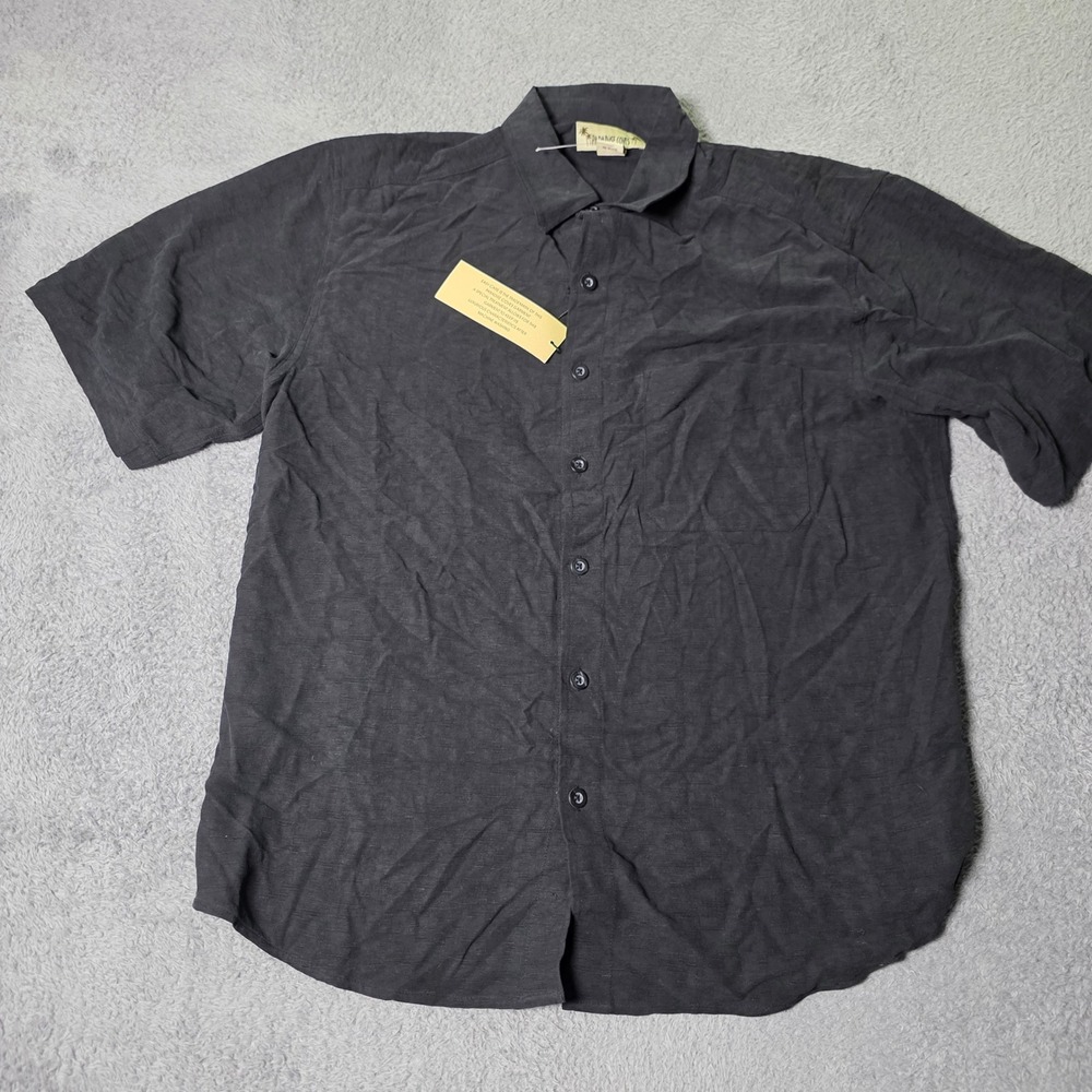Paradise Coves Mens L Shirt Black 100% Silk Short Sleeve Textured Button Down